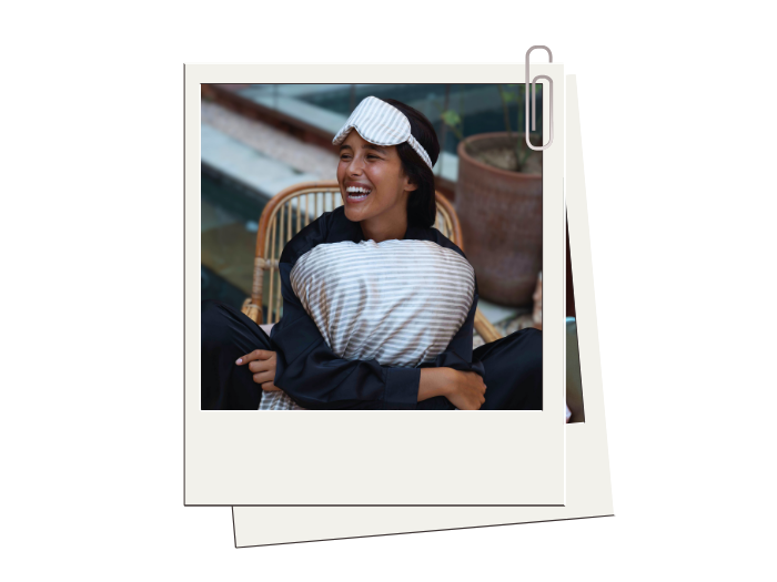 Polaroid-style photo of a model wearing the Marin PillowWrap and PillowMask