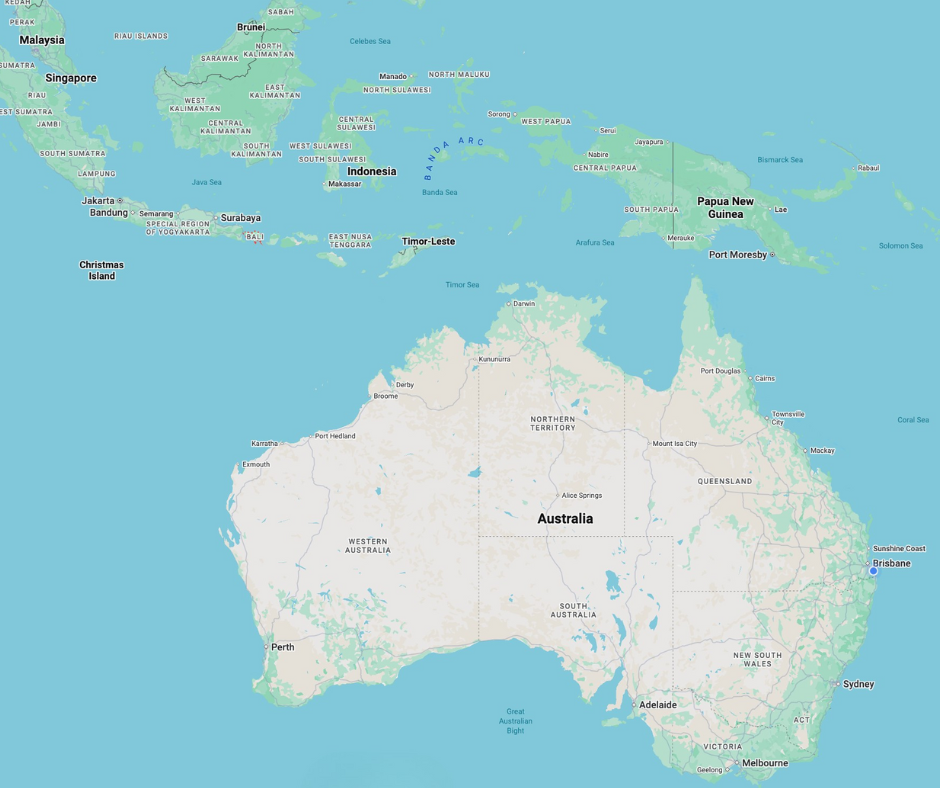 Map of Australia with surrounding countries on a blue background