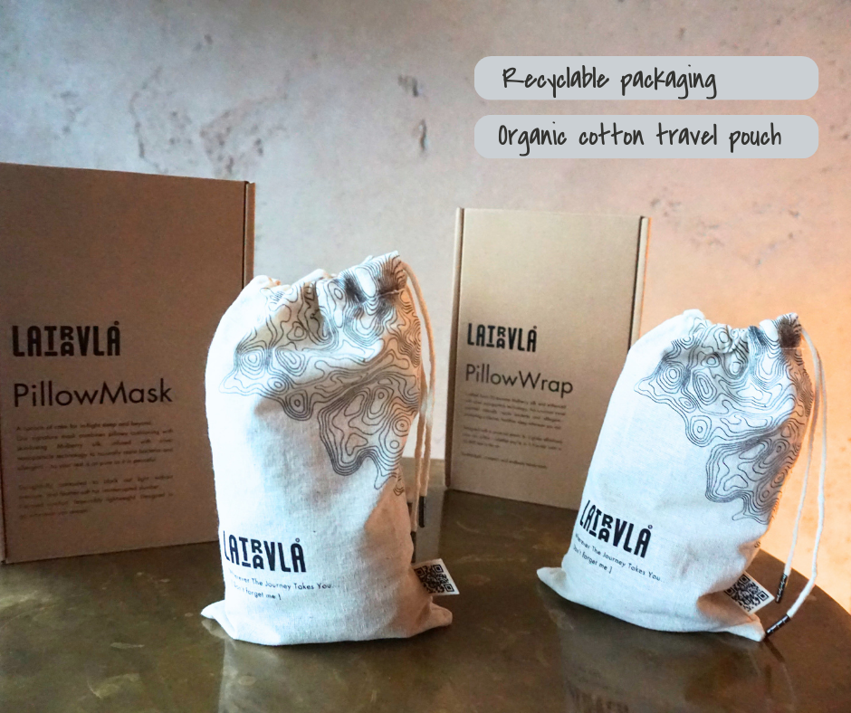 LATRAVLA® pillow mask and wrap with recyclable packaging and organic cotton travel pouches.